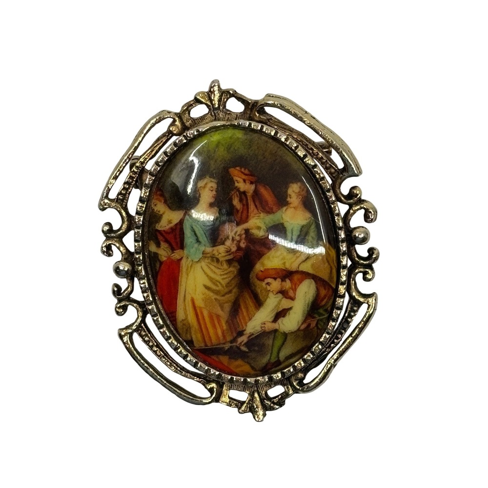 Vintage Gold Tone Fragonard Style Courting Scene Oval Filigree Brooch Pin